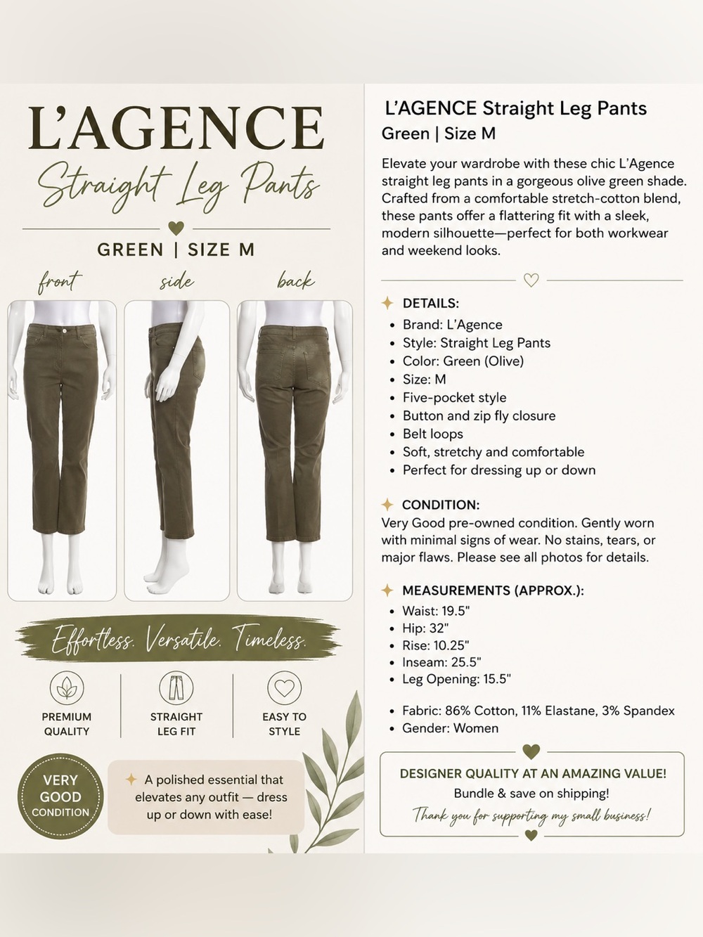 #0296 ✨ L’AGENCE Green Straight Leg Pants – Size M